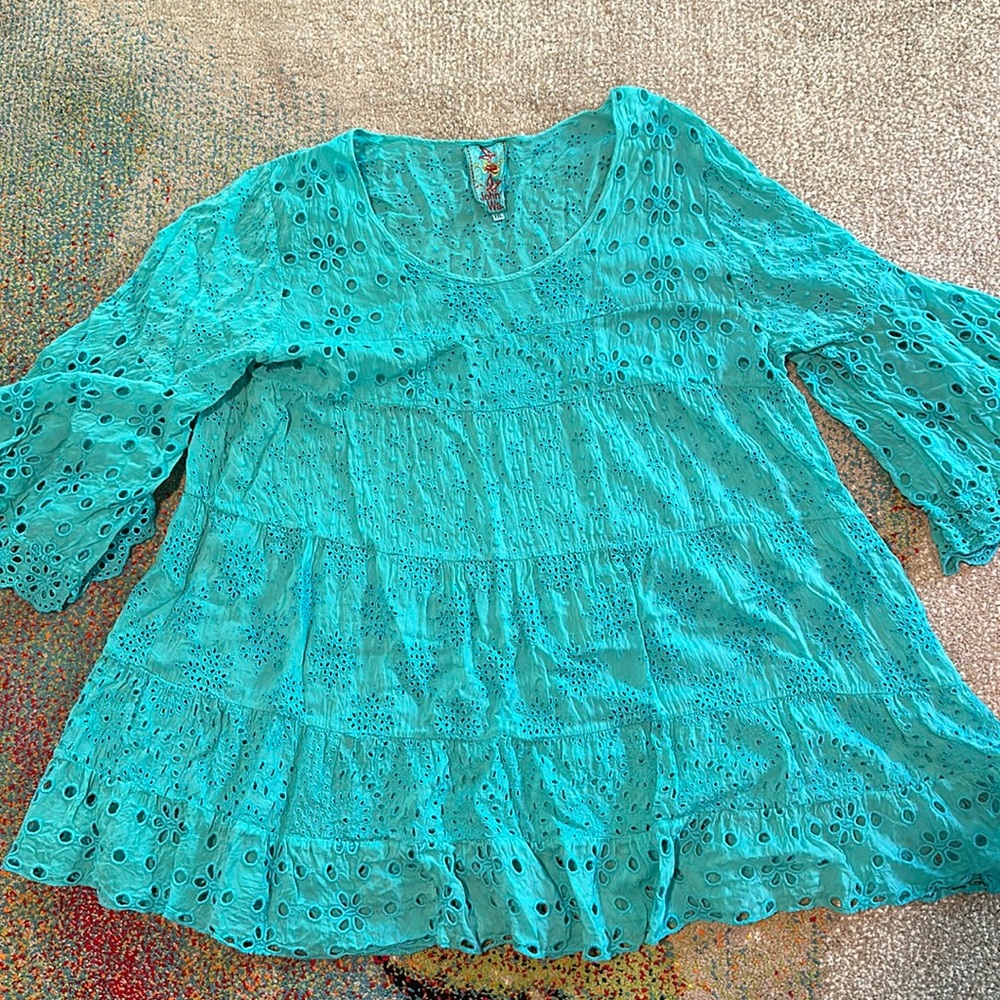 Johnny Was Teal Eyelet Tunic Top